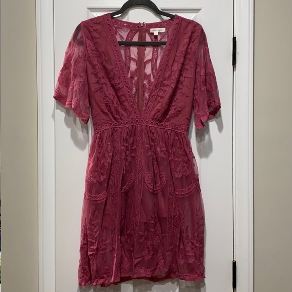 Pink Lace Deep V Dress with Romper Slip